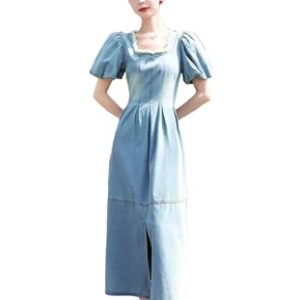 Women's Slim French Waist-Tied Bubble Sleeve Square Neck Slit Dress
