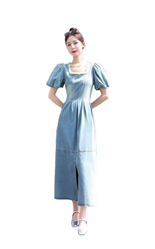 Women's Slim French Waist-Tied Bubble Sleeve Square Neck Slit Dress