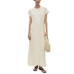 Women's Linen Maxi Dress - Crew Neck Summer Floor Length Beige