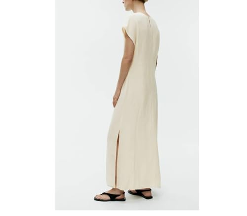 Women's Linen Maxi Dress - Crew Neck Summer Floor Length Beige