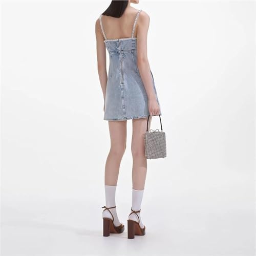 Women's Crystal Hollow Out Mini Denim Dress Straps Pearl Jeans Casual Holiday Evening Dresses