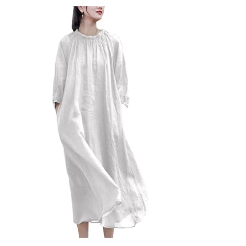 Women's Lantern Sleeve Linen - Plus Size Robe Dress Oatmeal