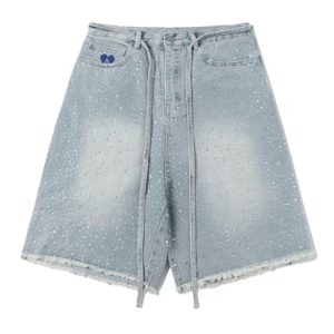 Rhinestone Denim Shorts Womens Jeans Pants Y2K Loose Fit Unisex Oversized Jorts Casual Streetwear Jeans Shorts