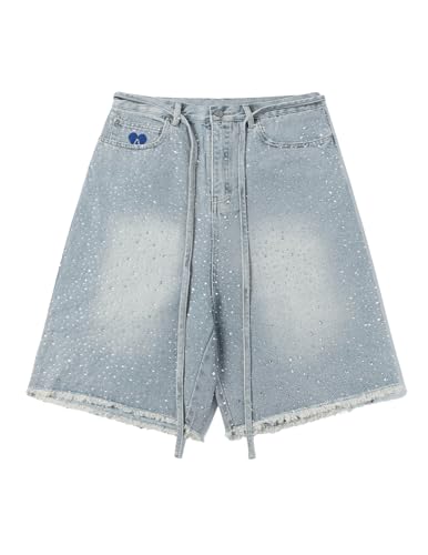 Rhinestone Denim Shorts Womens Jeans Pants Y2K Loose Fit Unisex Oversized Jorts Casual Streetwear Jeans Shorts