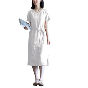 Women's V-Neck Linen Sundress - Strap A-Line Dress Sage