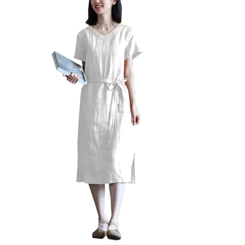 Women's V-Neck Linen Sundress - Strap A-Line Dress Sage