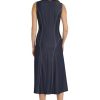 Women's Sleeveless A-line Midi Dress-Contrast Stitch Detail with Round Neckline and Side Pockets