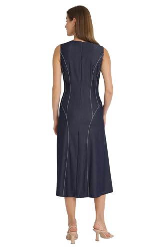 Women's Sleeveless A-line Midi Dress-Contrast Stitch Detail with Round Neckline and Side Pockets