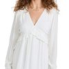 Women's Odelise Dress Long Sleeve Angled Bust Seams Lace Trim in White