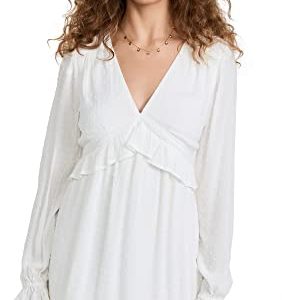 Women's Odelise Dress Long Sleeve Angled Bust Seams Lace Trim in White