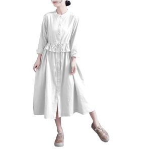 Women's Linen Waist Buckle Dress - Lotus Hem Midi Autumn Shift