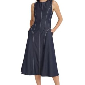Women's Sleeveless A-line Midi Dress-Contrast Stitch Detail with Round Neckline and Side Pockets