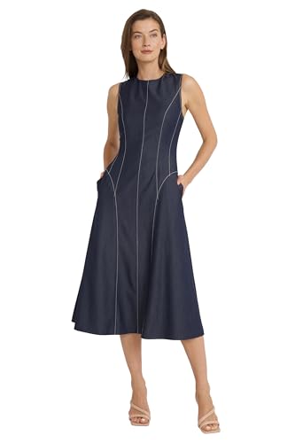 Women's Sleeveless A-line Midi Dress-Contrast Stitch Detail with Round Neckline and Side Pockets