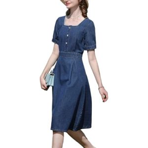 French Style Denim Dress Women Square Neck Embroidery Short Sleeve Gentle Retro Lady Dress
