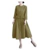 Women's Linen Waist Buckle Dress - Lotus Hem Midi Autumn Shift