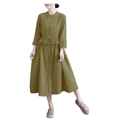 Women's Linen Waist Buckle Dress - Lotus Hem Midi Autumn Shift