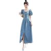 Women's Slim French Waist-Tied Bubble Sleeve Square Neck Slit Dress