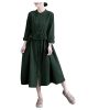 Women's Linen Waist Buckle Dress - Lotus Hem Midi Autumn Shift