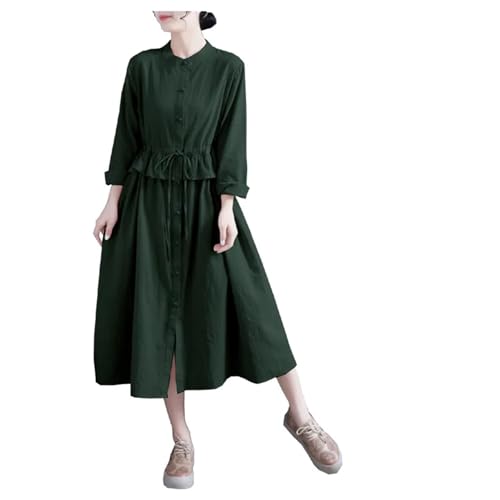 Women's Linen Waist Buckle Dress - Lotus Hem Midi Autumn Shift