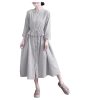 Women's Linen Waist Buckle Dress - Lotus Hem Midi Autumn Shift