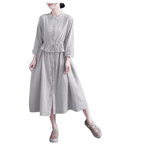 Women's Linen Waist Buckle Dress - Lotus Hem Midi Autumn Shift