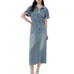 Women's Slimming Tencel Linen Waist Cinching Retro Hong Kong Style Denim Skirt Breathable Dress
