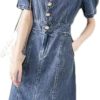 Sexy V Neck Button Down Denim Dress for Women Casual Jean Midi Dresses with Pockets