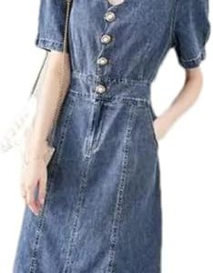 Sexy V Neck Button Down Denim Dress for Women Casual Jean Midi Dresses with Pockets