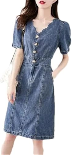 Sexy V Neck Button Down Denim Dress for Women Casual Jean Midi Dresses with Pockets