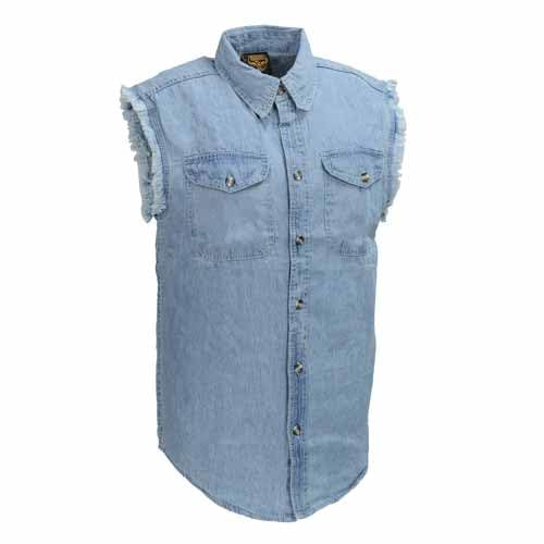 DM1001 Men's Blue Lightweight Denim Shirt with Frayed Cut Off Sleeveless Look