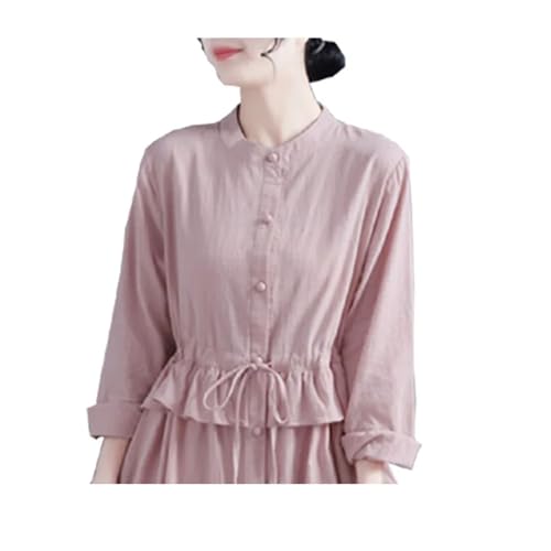 Women's Linen Waist Buckle Dress - Lotus Hem Midi Autumn Shift