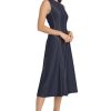 Women's Sleeveless A-line Midi Dress-Contrast Stitch Detail with Round Neckline and Side Pockets