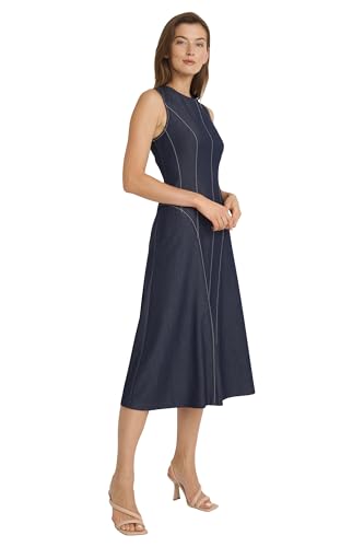 Women's Sleeveless A-line Midi Dress-Contrast Stitch Detail with Round Neckline and Side Pockets