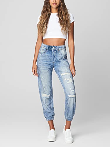 Womens French Terry Distressed Printed Denim Jogger, Comfortable & Stylish Pants