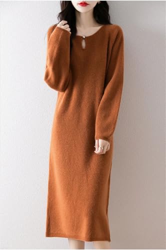 Women's Merino Wool Knit Dress - Winter Pullover Midi Orange Comfort Shift