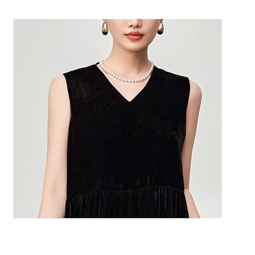 Women's Fleece Silk Shift - Sleeveless V-Neck Youth Black Casual Dress