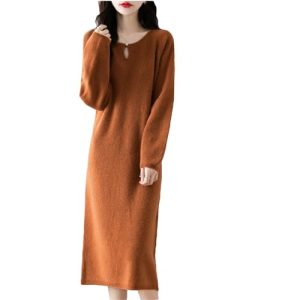 Women's Merino Wool Knit Dress - Winter Pullover Midi Orange Comfort Shift