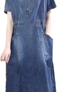 Summer Short Sleeve Denim Dress A Line Casual Pullover Long Dress for Women Lightweight Jean Dresses