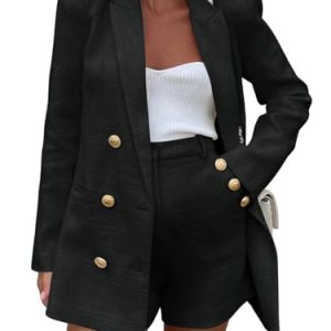 Womens 2 Piece Tweed Blazer Shorts Sets Long Sleeve Double Breasted Suit Jackets Business Outfit