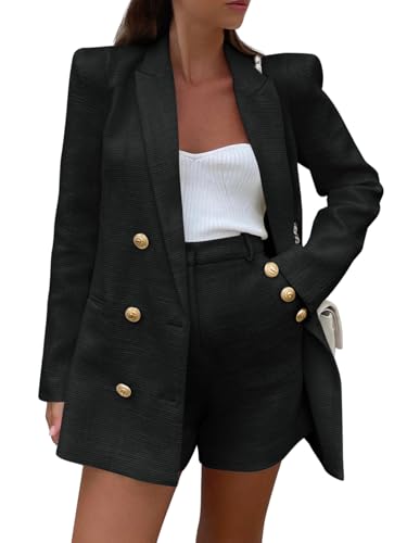 Womens 2 Piece Tweed Blazer Shorts Sets Long Sleeve Double Breasted Suit Jackets Business Outfit