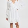 Women's Odelise Dress Long Sleeve Angled Bust Seams Lace Trim in White