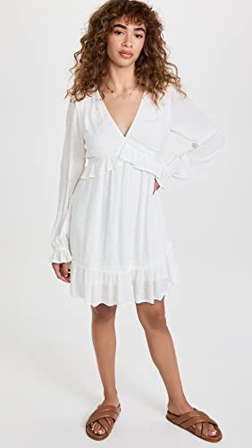 Women's Odelise Dress Long Sleeve Angled Bust Seams Lace Trim in White