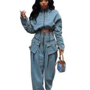 Womens Two Piece Sets Denim Outfit Ruched Long Sleeve Zip Up Cropped Jean Jacket Wide Leg Pants Chic Set