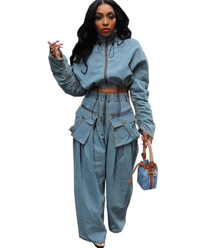 Womens Two Piece Sets Denim Outfit Ruched Long Sleeve Zip Up Cropped Jean Jacket Wide Leg Pants Chic Set