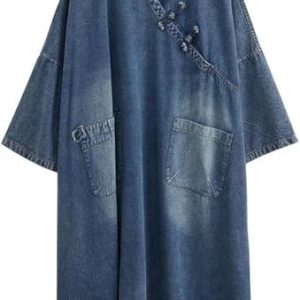 Blue Loose Womens Denim Dress Modern Casual Pullover Comfortable Long Sleeve Jean Dress