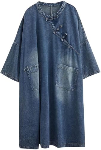 Blue Loose Womens Denim Dress Modern Casual Pullover Comfortable Long Sleeve Jean Dress