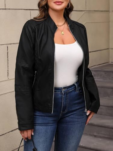 Women's Faux Leather Jacket Plus Size Motorcycle Biker Clothes Outfits Short Fashion PU Coat (1X-5X)