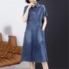 Summer Short Sleeve Denim Dress A Line Casual Pullover Long Dress for Women Lightweight Jean Dresses
