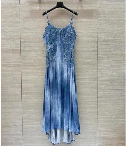 Women's Summer Embroidered Denim Spaghetti Strap Asymmetrical Long Slim Fit Casual Gown Elegant Maxi High Waist Wrap Dress