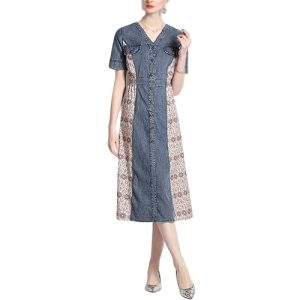 Denim Skirt Spring and Women's Long Dress Vintage Denim V-Neck Waist Slimming Dresses